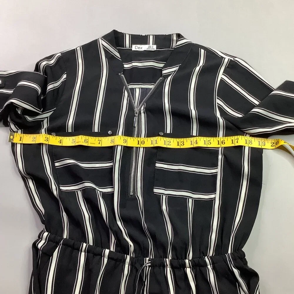 Striped Black & White Midi Dress Roll-Up Sleeves Drawstring Waist Old Money - Picture 4 of 10